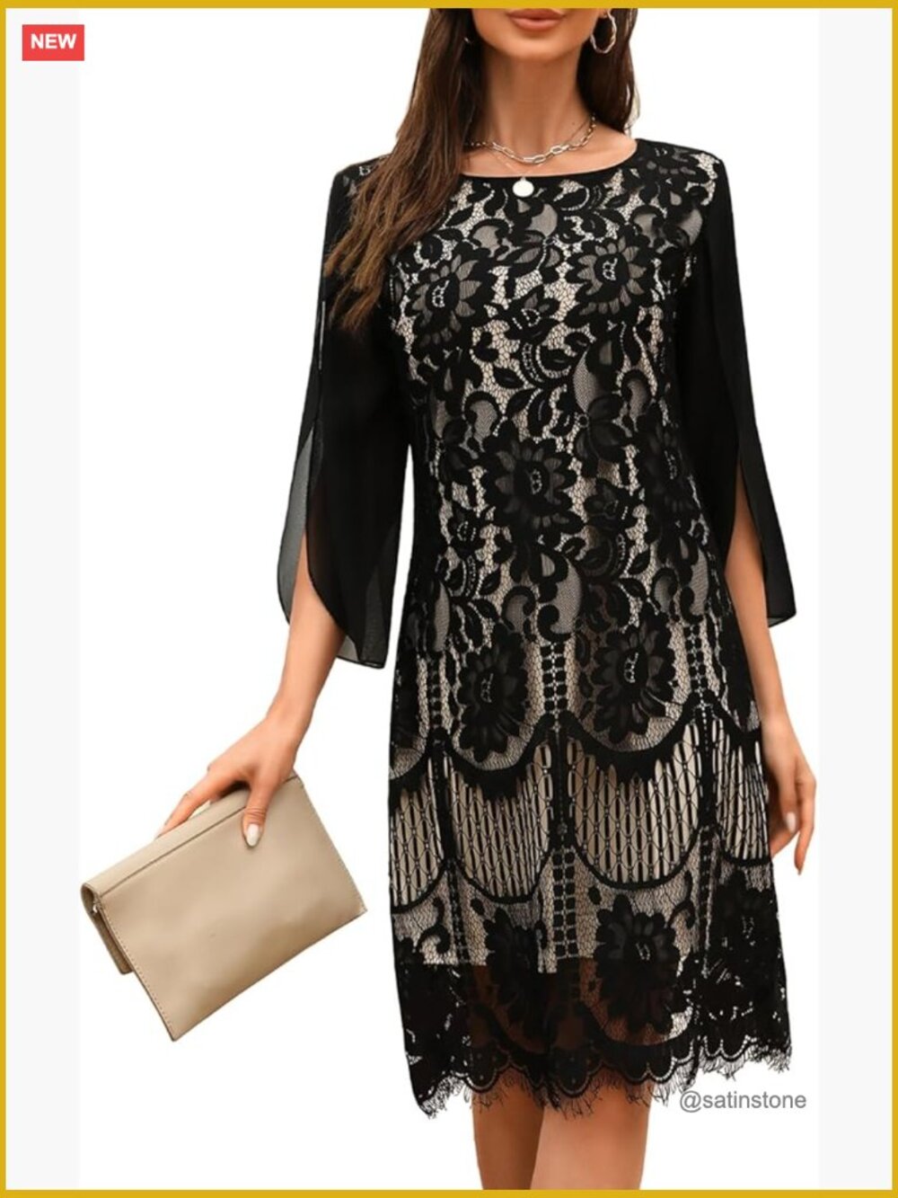Lace Sequin Cocktail Dress A-Line Boat Neck 3/4 Sleeve Prom Evening